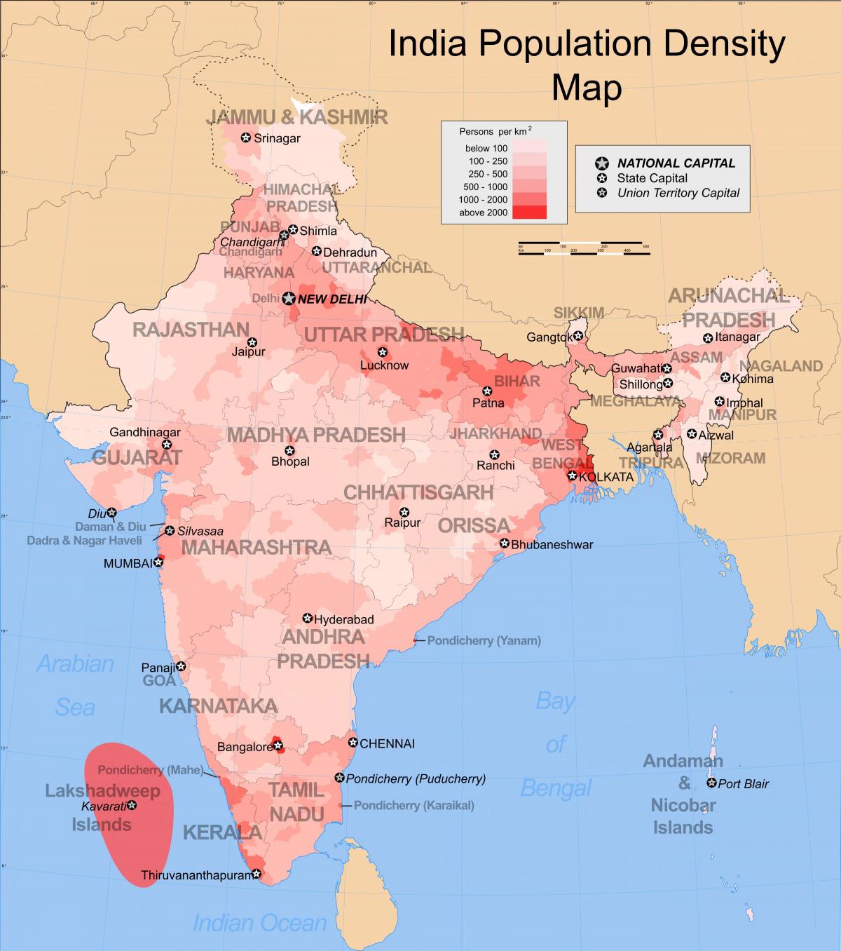 Dichtheidskaart van India