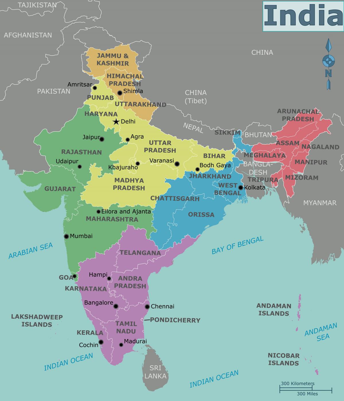 Kaart met gebieden van India