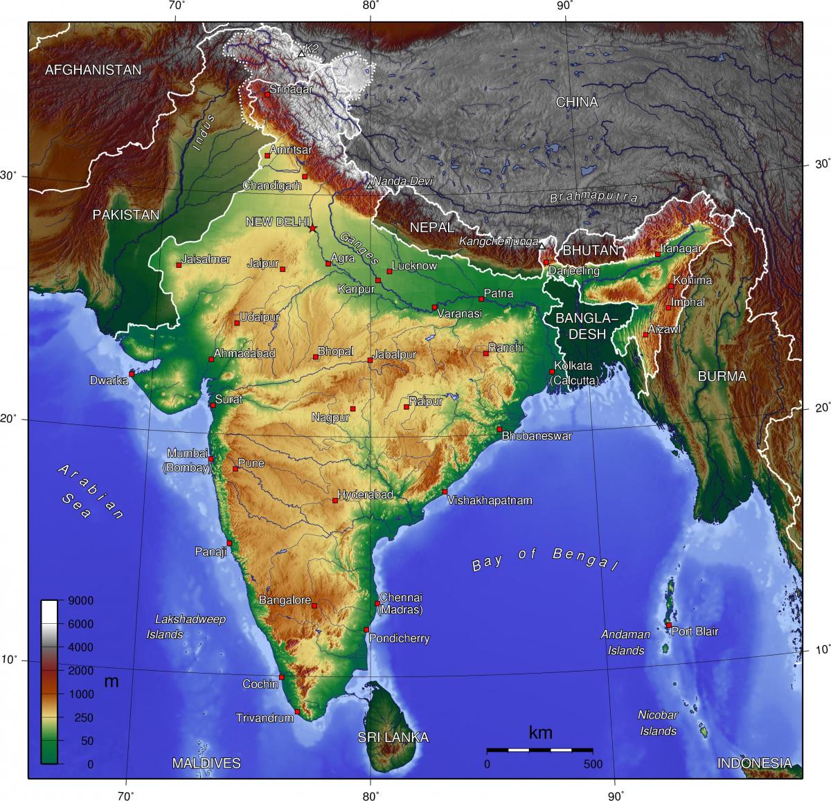 Topografische kaart van India