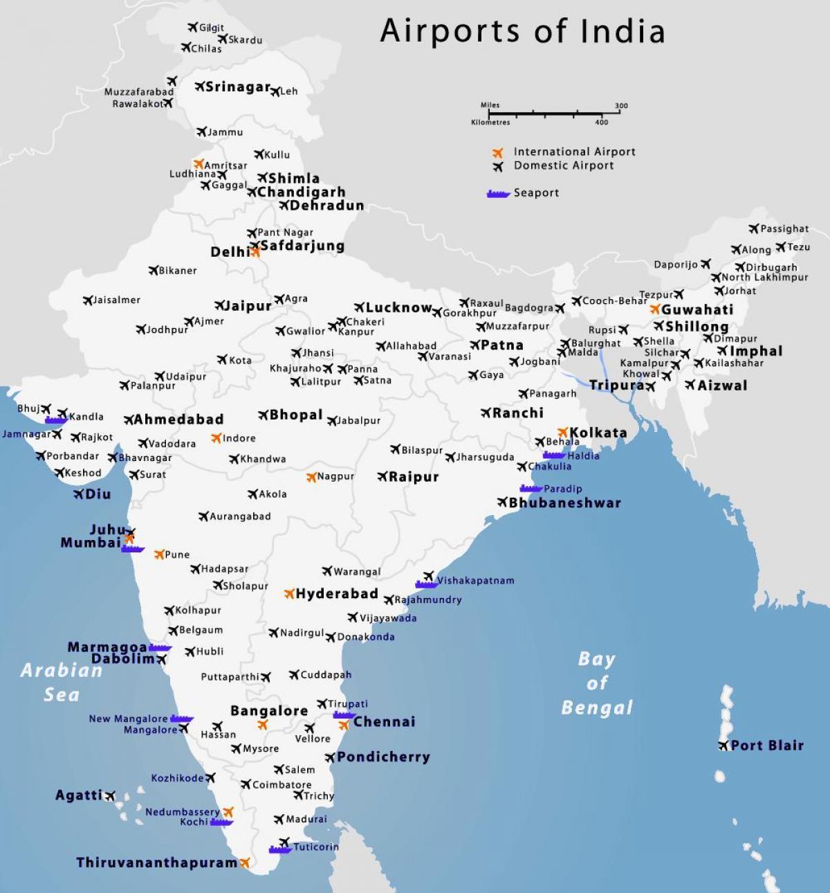 Kaart van de luchthavens van India