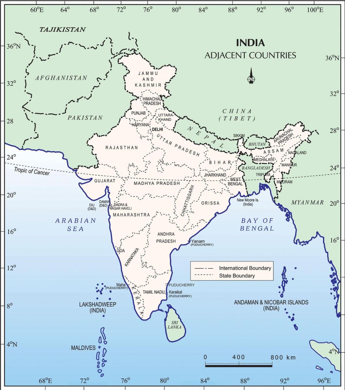 Kaart van India en aangrenzende landen